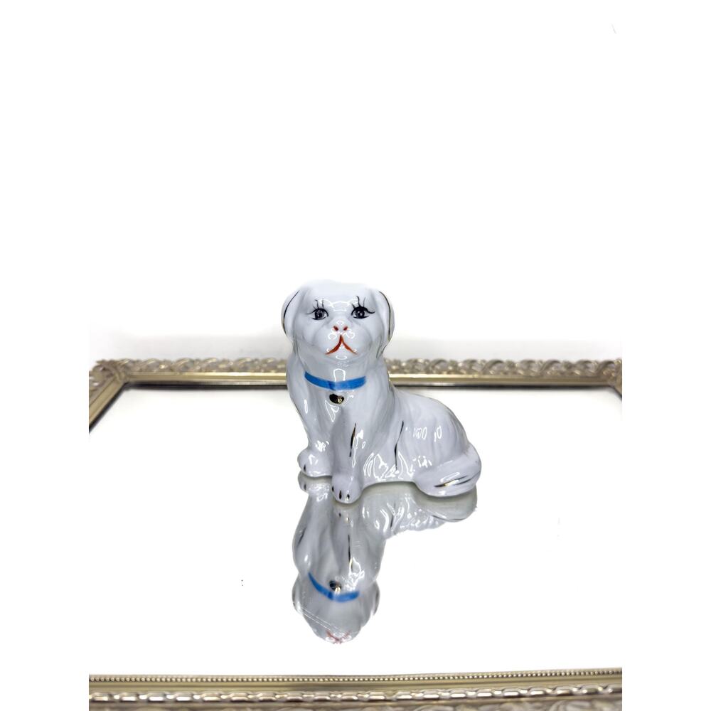 Porcelin Antique White Pekingese Dog Sculpture Gold and Blue Decorative Accents